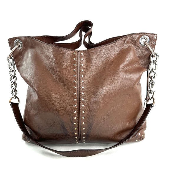 Michael Kors Brown Leather Large Shoulder Bag Chain Strap Studs Logo Grommets - Picture 5 of 12